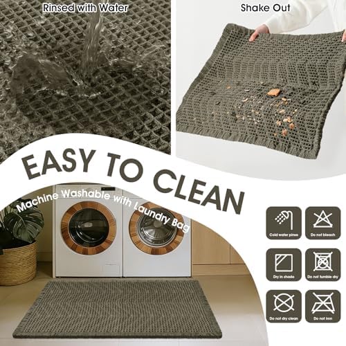 Upgraded Waffle Bath Mat, 32"x20" Greyish Green-Herringbone, Super Absorbent Non-Slip Quick Dry Bathroom Rugs with Tassels, Machine Washable Ultra Soft Boho Bath Rugs, Toilet Mats Boho Farmhouse Decor