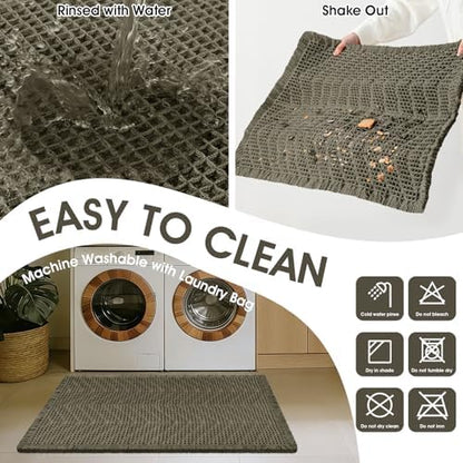Upgraded Waffle Bath Mat Set 2 Piece Greyish Green-Herringbone, Super Absorbent Non-Slip Quick Dry Bathroom Rugs with Tassels,Machine Washable Ultra Soft Boho Bath Rugs, Bath Mats Boho Farmhouse Decor