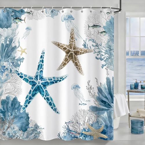 Grey Beach Shower Curtain for Bathroom, Ocean Coastal Theme, 72x72 In