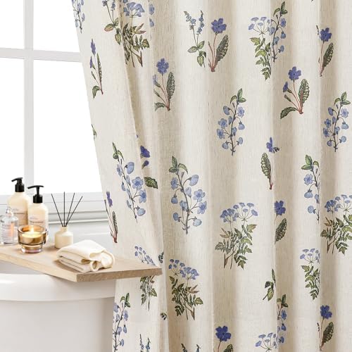 Colorful Star Farmhouse Blue Floral Linen Shower Curtain, 72" W x 78" L