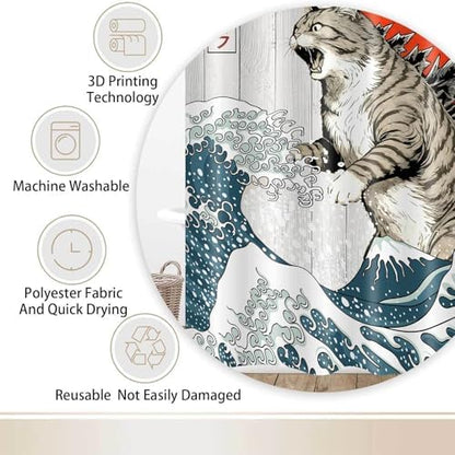 JAWO Funny Cat Shower Curtain, Japanese Ocean Wave Cat Fun Shower Curtain Nautical Kids Children Rustic Wooden Farmhouse Shower Curtains, 72X75inch