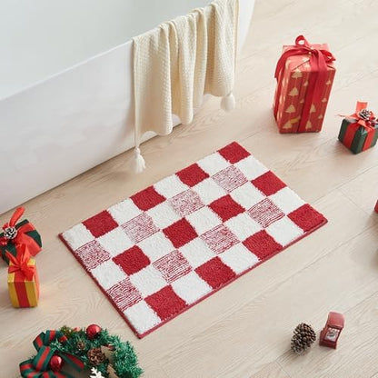 CozeCube Christmas Red Checkered Bath Mat 36"x24" Non Slip Washable Rug