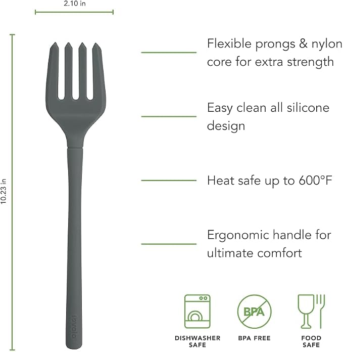 Tovolo Flex Core Silicone Fork Charcoal Gray Large Cooking Fork for Spaghetti Twirling Mixing Shredding, Heat Resistant Silicone Fork Kitchen Utensil, BPA Free Spaghetti Twirling and Cooking Fork