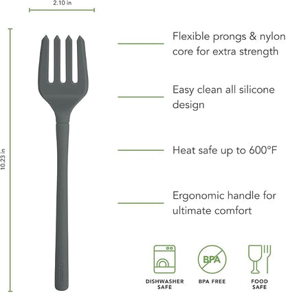 Tovolo Flex Core Silicone Fork Charcoal Gray Large Cooking Fork for Spaghetti Twirling Mixing Shredding, Heat Resistant Silicone Fork Kitchen Utensil, BPA Free Spaghetti Twirling and Cooking Fork