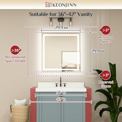 Keonjinn 30x30 Inch LED Bathroom Mirror with Lights, Frontlit & Backlit