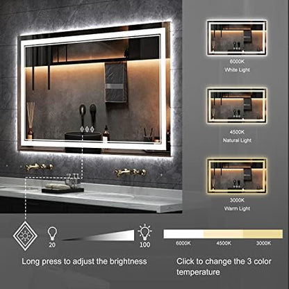 LED Vanity Mirror, 48x30 Inch Gradient Front and Backlit LED Mirror for Bathroom, 3 Colors Dimmable CRI>90 Double Lights, IP54 Enhanced Anti-Fog, Hanging Plates Wall Mount Lighted Mirror