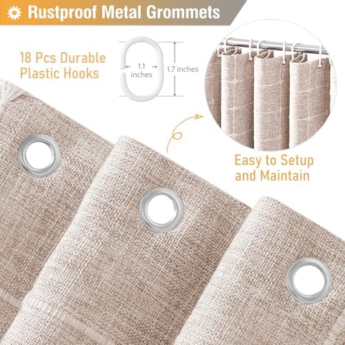 BTTN 108x72 Boho Farmhouse Linen Heavy Duty Shower Curtain Set, Tan/Taupe