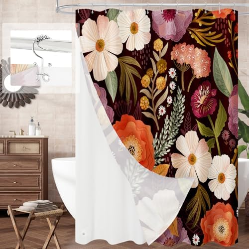 3 in 1 Boho Purple Shower Curtain Set with PEVA Liner & 12 Hooks, 72 x 78