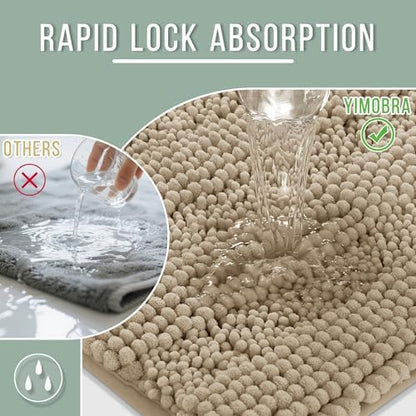 Yimobra Bathroom Rug Mat 32 x 20, Non Slip and Super Absorbent Bath Mat,Machine Washable Quick Dry,Ultra Plush Chenille Shower Rugs for Bathroom Floor Sink Tub and Shower Outside,Camel