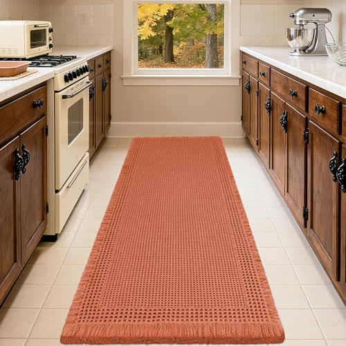 IM HOME Extra Large Waffle Bath Mat, Boho Bathroom Rugs Absorbent Non Slip, Ultra Soft Bathroom Mat, Machine Washable Knit Bath Rugs with Border for Bathroom,Bedroom,Kitchen,Tub, 5'x2', Burnt Orange