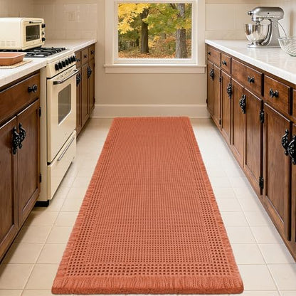 Upgrade Waffle Bath Mat, Boho Bathroom Rugs Absorbent Non Slip, Ultra Soft Bathroom Mat, Machine Washable Knit Bath Rugs with Border for Bathroom, Bedroom, Kitchen, Shower,Tub, 36"x24", Burnt Orange