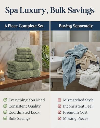 LANE LINEN Bath Towel Set 100% Cotton 6 Piece Soft Absorbent - Oil Green