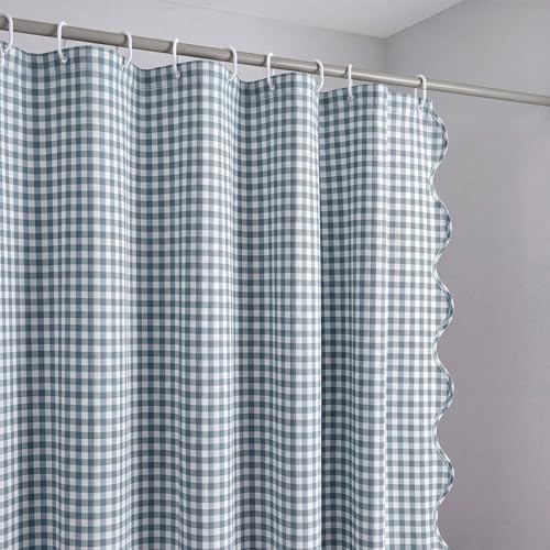 HunnmingRe Scalloped Gingham Shower Curtain Dust Blue