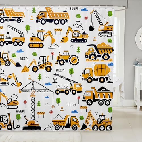 Feelyou Construction Truck Shower Curtain Kids Boys Cartoon Excavator Vehicle Tractor Cars Bathroom Waterproof Accessories with 12 Hooks 72x72 Inches Machinery Equipment Yellow Decor