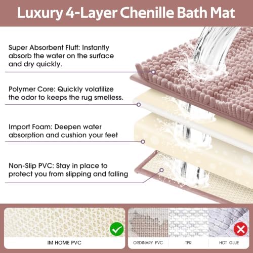 Striped Dusty Pink Bathroom Rug Set 3 Pieces Ultra Soft, Non Slip Chenille Bath Carpet, Absorbent Plush Shaggy Bath Mats for Bathroom, Toilet, Bedroom, Kitchen