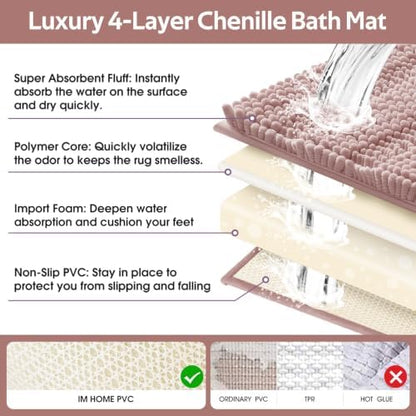 ACCUMTEK Striped Dusty Pink Bathroom Rug Mat Set 2 piece 24"x17"+48"x20" Ultra Soft, Non Slip Chenille Bath Rugs, Absorbent Plush Shaggy Bath Mats for Bathroom, Bedroom, Kitchen, Shower, Tub