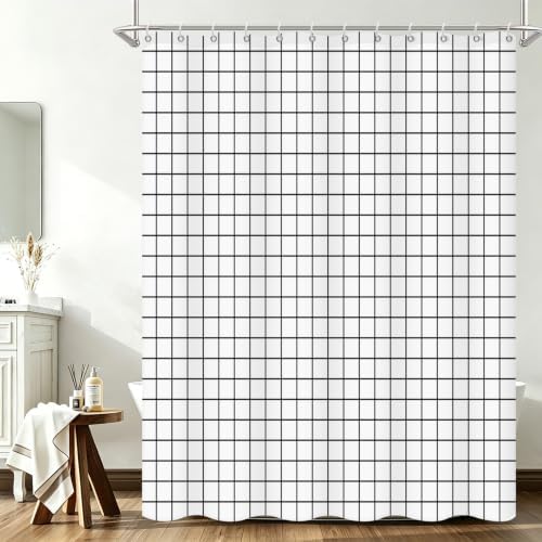 Black and White Grid Shower Curtain, Waterproof Polyester Fabric, Fast Drying & Machine Washable with Rustproof Hooks, for Bathroom Shower Stall or Hotel, 72" W x 96" L