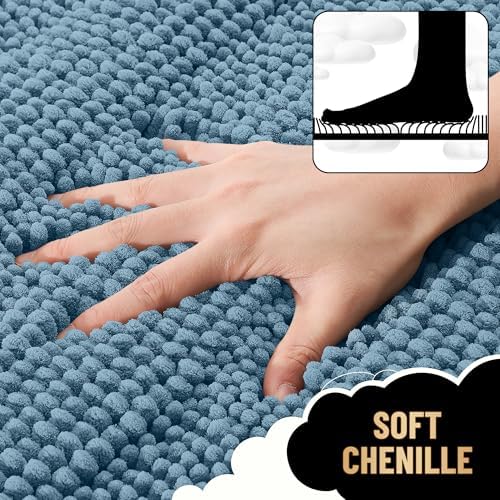 OLANLY Thick Bathroom Runner Rugs 47x20, Soft Chenille Bath Rugs, Airy Blue