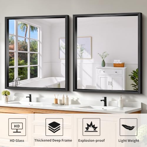 Bathroom Mirror, 36 x 30 inch Brushed Black Rectangle Mirror, 0.6" Thickened Deep Metal Frame Rectangular Vanity Mirror for Over Sinks, Tempered Glass, Antirust, Horizontally or Vertically