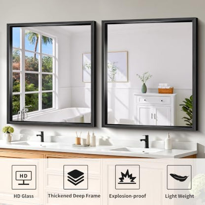 Bathroom Mirror, 36 x 30 inch Brushed Black Rectangle Mirror, 0.6" Thickened Deep Metal Frame Rectangular Vanity Mirror for Over Sinks, Tempered Glass, Antirust, Horizontally or Vertically