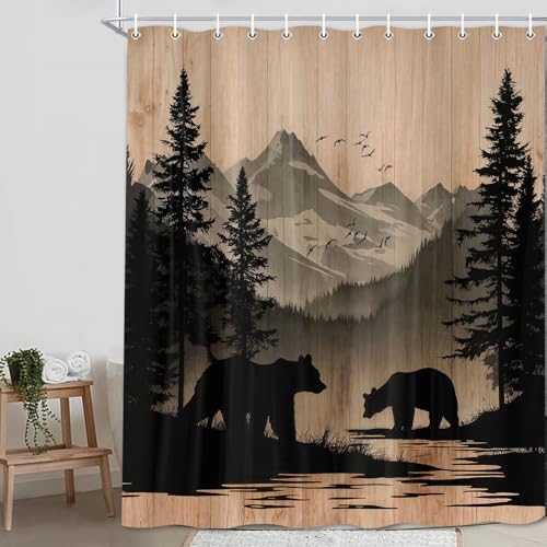Rustic Cabin Shower Curtain, Mens Outdoor Bear Forest Wildlife Country Farmhouse Bath Curtains, Hunting Camping Camper RV Waterproof Fabric Bathroom Decor Accessories Set with Hooks,70X85IN