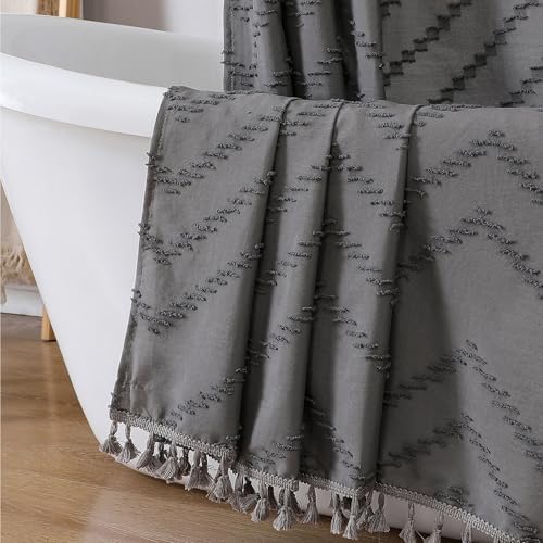 OWENIE Boho Shower Curtain, Grey Fabric Cloth Shower Curtains Farmhouse Tufted Chevron Striped Textured with Tassel for Bathroom, Soft Hotel Style Modern Minimalist, Machine Washable, 72x72, Grey