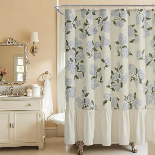 ORTIGIA Linen Textured Ruffle Shower Curtain with Metal Hooks, Vintage Blue Floral Hydrangea Boho Waterproof Bath Curtain for Rustic Farmhouse Bathroom Decor 72x72 Inch