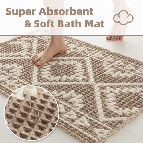 PADOOR-Waffle Bathroom Runner 24"x48", Super Absorbent Bath Mats for Bathroom, Machine Washable Non Slip Bath Rug with Tassels, Soft Bath Mat for Laundry Room, Bedroom, Brown & Cream, 2'x 4'