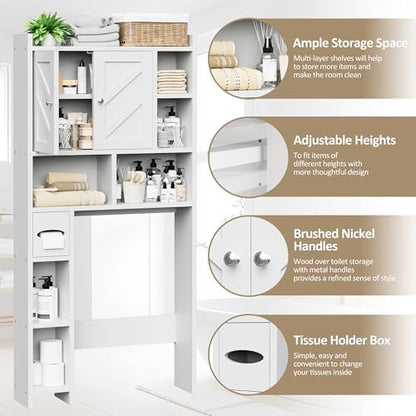 Over the Toilet Storage Cabinet, Freestanding Storage Cabinet Over Toilet, Bathroom Storages Organizer Cabinets with Toilet Paper Holder Stand and Adjustable Shelf, White
