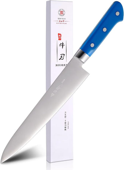 Japanese Chef Knife 10.6 inches, Professional Japanese Knife with Blue Ergonomic Handle for Household or Work