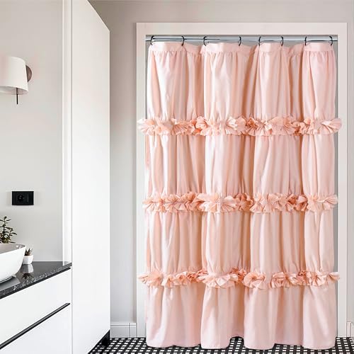 Homechoice Decor Peach Pink Ruffle Shower Curtain, Vintage Handcrafted Bow Tie Bath Curtain for Master Bathroom, Ruched Microfiber Bathroom Curtain with 8 Buttonholes, 48" W x 72" H (LQ-10)