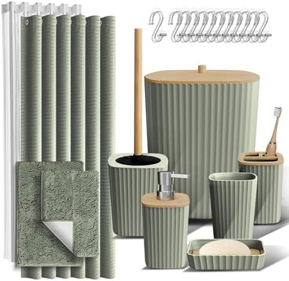 Clara Clark Bathroom Accessories Set - Bathroom Set, Bathroom Sets with Shower Curtain and Rugs, Shower Curtain Set with Trash Can - Sage Green - 22PC