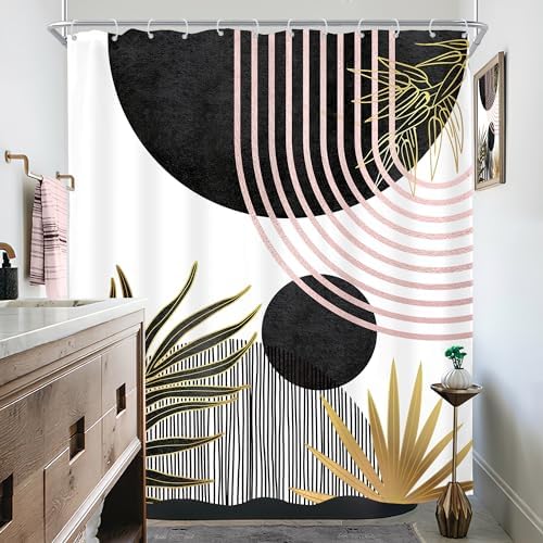 Mid Century Black Pink Boho Abstract Modern Bathroom Shower Curtain Set