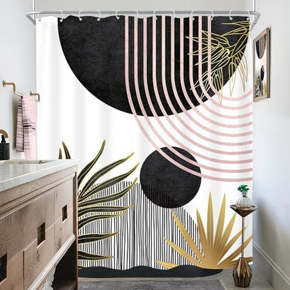 Mid Century Black Pink Boho Abstract Modern Bathroom Shower Curtain Set