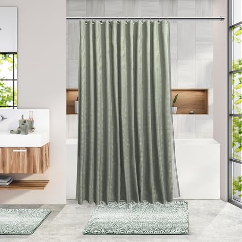 Clara Clark Bathroom Accessories Set - 27PC Bathroom Set with Adhesive Corner Shower Caddy Hanging, Bathroom Sets with Shower Curtain and Rugs, Ombre Sage Green Shower Curtain Set with Trash Can