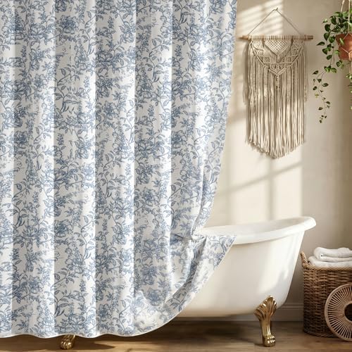 Farmhouse Blue Floral Shower Curtain with 12 Clear Rings 72"W x 84"L