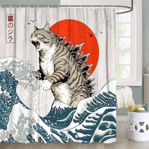 JAWO Funny Cat Shower Curtain, Japanese Ocean Wave Cat Fun Shower Curtain Nautical Kids Children Rustic Wooden Farmhouse Shower Curtains, 72X78inch