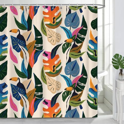 Colorful Leaf Shower Curtain, Boho Bird Abstract Art Jungle Plant Bathroom Curtain with 12 Hooks, Modern Asthetic Waterproof Polyester Fabric Bathroom Decor with Hooks 72x72 Inch