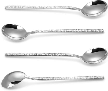 KEAWELL Premium Korean Soup Spoons with Long Handles, Set of 4, 18/10 Stainless Steel, Dishwasher Safe (Hammered)