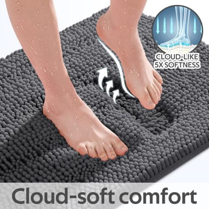 Striped Grey Bathroom Rug Mat Set 2 piece 24"x17"+48"x20" Ultra Soft, Non Slip Chenille Bath Rugs, Absorbent Plush Shaggy Bath Mats for Bathroom, Bedroom, Kitchen, Shower, Tub,Dark Gray, Charcoal