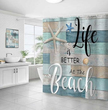 Beach Shower Curtain, Rustic Vintage Wood Ocean Quote Words Summer Fabric Decor Bath Curtain, Nautical Coastal Starfish Theme Bathroom Curtain Accessories with Hooks 47X64in