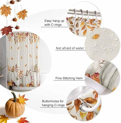 Shower Curtain Bathroom Set Thanksgiving Pumpkin Fall Orange Maple Leaf Watercolor Waterproof Shower Curtains with Grommets Hooks Vintage Linen Privacy Bath Curtain for Bathtub Decor 72x72in