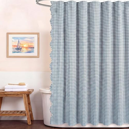 HunnmingRe Scalloped Gingham Shower Curtain Dust Blue