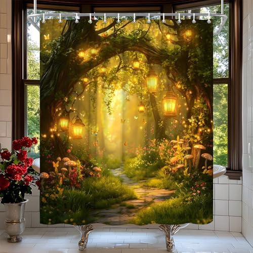 Fantasy Forest Path Shower Curtain Yellow Fairy Magical Enchanted Misty Jungle Mushroom Floral Tree Butterfly Lantern Wonderland Bath Curtain Fabric Bathroom Accessories Decor with Hooks 70W x70L