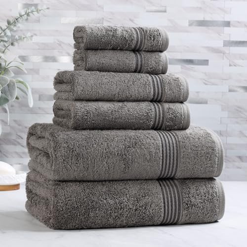 Superior Egyptian Cotton 6-Piece Towel Set, Assorted Towels for Home Bathroom, Master, Guest Bath, Decor Essentials, Includes 2 Bath, 2 Hand, 2 Face Towels/Washcloths, Quick Dry, Absorbent, Charcoal