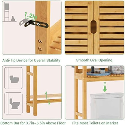 VIAGDO Over The Toilet Storage Cabinet, Tall Bathroom Cabinet Organizer with Cupboard and Adjustable Shelves, Freestanding Toilet Shelf Space Saver Rack Stand for Laundry Room, Balcony, Bamboo