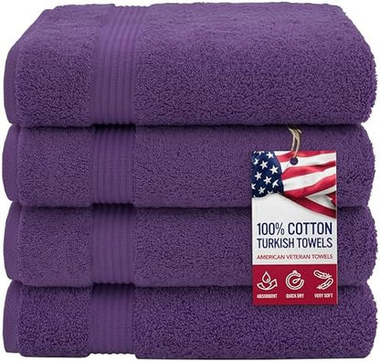 American Veteran Towel, 100% Cotton Turkish Bath Towels for Bathroom 4 Pack, 27x54 Extra Large Premium Soft Drying Bathroom Towels, Purple