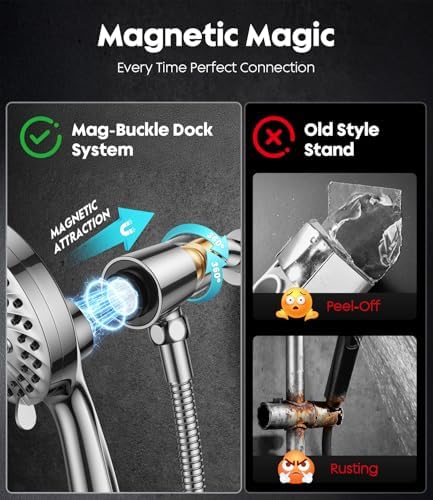 Handheld Shower Head High Pressure – Magnetic Holder,10 Spray Modes with Power Wash for Pets&Tile&Toilet, Filtered for Softer Skin & Shinier Hair, 1.8GPM, Stainless Steel Hose