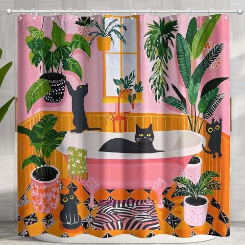 Funny Cat Shower Curtain Boho Cute Fun Black Cats Matisse Shower Curtains for Bathroom Kitten Green Tropical Plant Leaves Pink Orange Yellow Waterproof Fabric Bath Curtain Decor 72 X 84 Inches