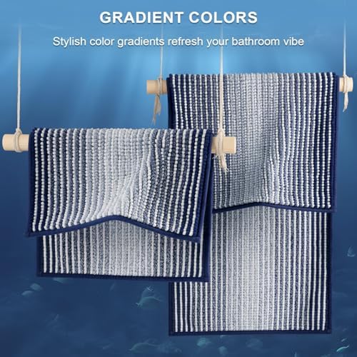 BSICPRO Bathroom Rugs Sets 2 Piece, Non Slip Striped Bath Mats,Navy